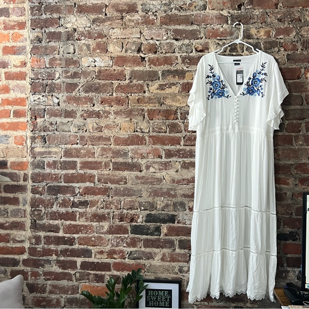City Chic White and Blue V-Neck Maxi Sundress